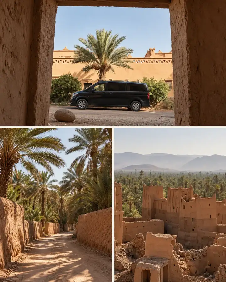 N'Kob courtyard, Draa palm-grove lane, and Afra earthen ruins in southern Morocco