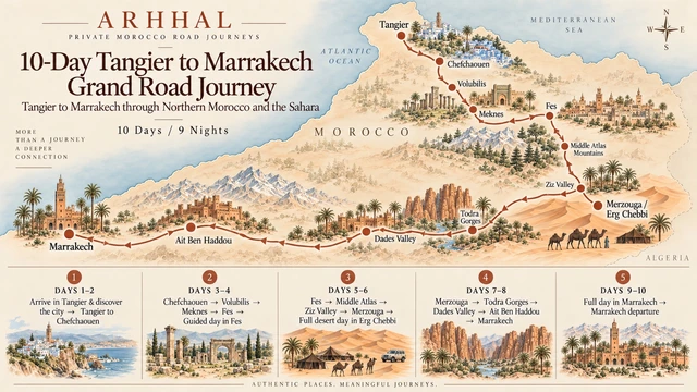 Approved landscape illustrated route map for the ten-day Tangier to Marrakech grand road journey through the Sahara.