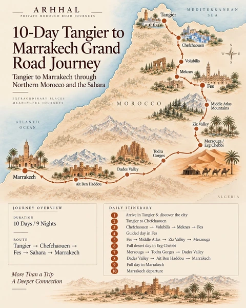 Approved portrait map of ten days from Tangier via Chefchaouen, Fes, Merzouga, Todra, Dades and Ait Ben Haddou to Marrakech.