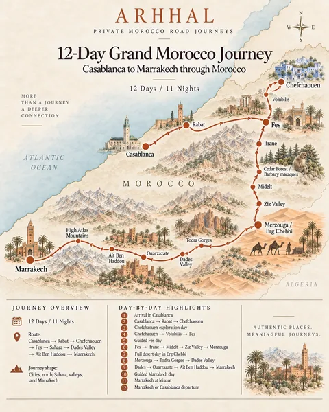 Illustrated route map of the twelve-day Grand Morocco road journey.