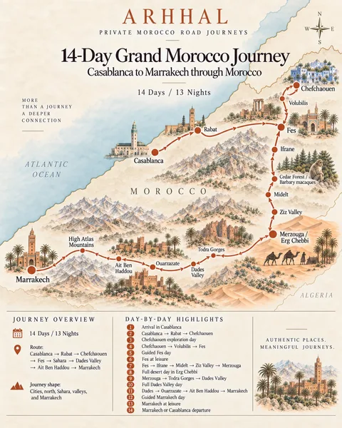 Illustrated route map of the fourteen-day Grand Morocco road journey.