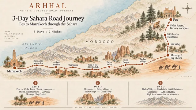 Illustrated overview of the three-day Fes to Marrakech Sahara road journey.