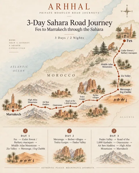 Illustrated route map of the three-day Fes to Marrakech Sahara road journey.