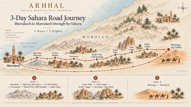 Illustrated overview of the three-day Marrakech Sahara road journey.