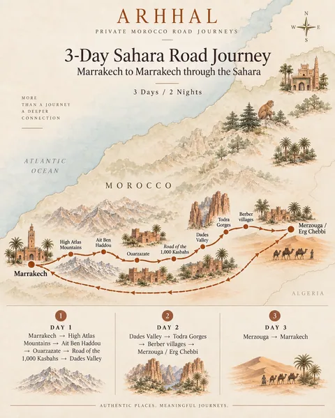 Illustrated route map of the three-day Marrakech Sahara road journey.