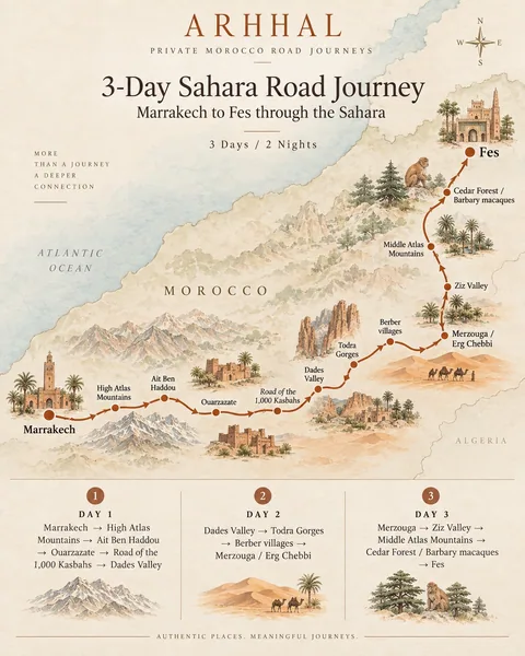 Illustrated route map of the three-day Marrakech to Fes Sahara road journey.