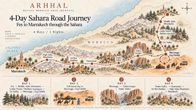 Illustrated overview of the four-day Fes to Marrakech Sahara road journey.