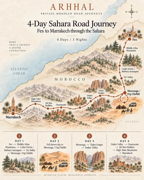 Illustrated route map of the four-day Fes to Marrakech Sahara road journey.