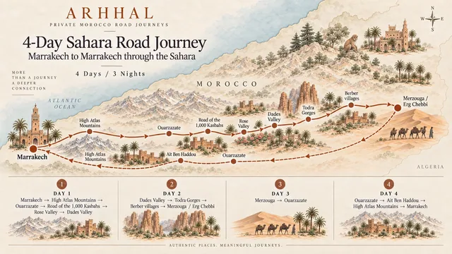 Illustrated overview of the four-day Marrakech Sahara road journey.