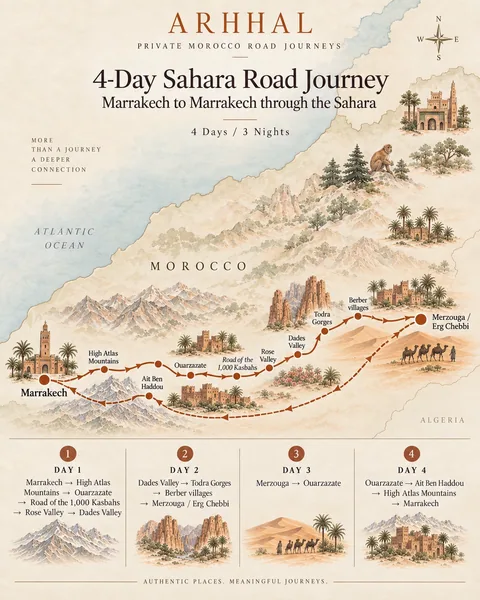 Illustrated route map of the four-day Marrakech Sahara road journey.