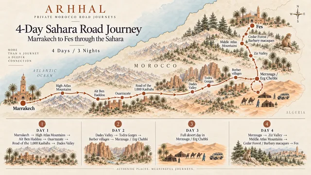 Illustrated overview of the four-day Marrakech to Fes Sahara road journey.