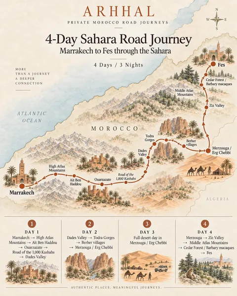 Illustrated route map of the four-day Marrakech to Fes Sahara road journey.