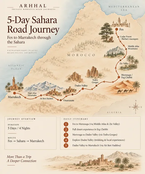Illustrated route map of the five-day Fes to Marrakech Sahara road journey.