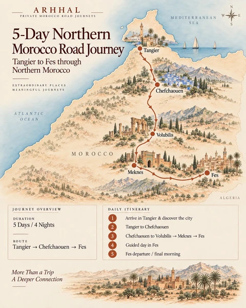 Approved portrait infographic for the five-day private northern Morocco journey: Tangier, Chefchaouen, Volubilis, Meknes and Fes.