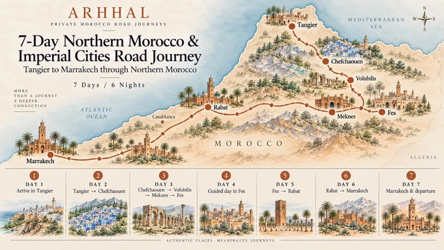 Approved landscape map and seven-day illustrated itinerary from Tangier to Marrakech via northern Morocco and Rabat.