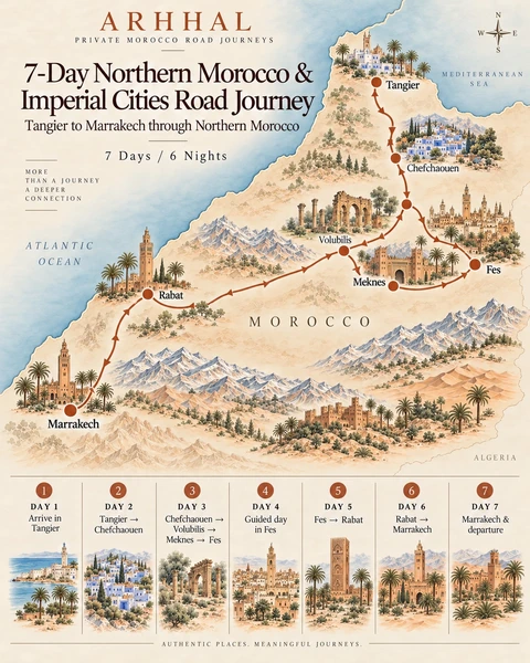 Approved portrait route illustration for seven days from Tangier through Chefchaouen, Volubilis, Meknes, Fes and Rabat to Marrakech.